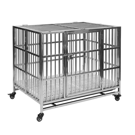 38" Heavy Duty Stainless Steel Dog Cage Kennel Crate and Playpen for Training Large Dog Indoor Outdoor with Double Doors & Locks Design Included Lockable Wheels Removable Tray No Screw