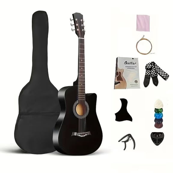 38 Inch Acoustic Guitar For Beginner,Full Steel Guitars Kit with Extra Strings,Strap, Picks, Capo, For Travel Adults & Players, Basswood, Classical Design