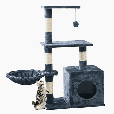 Asunby Cat Tower Tree,38-inch Multi-Level Cat Tree for Kittens | Gray-Blue | 2 Hammocks, Top Platform & Pompoms