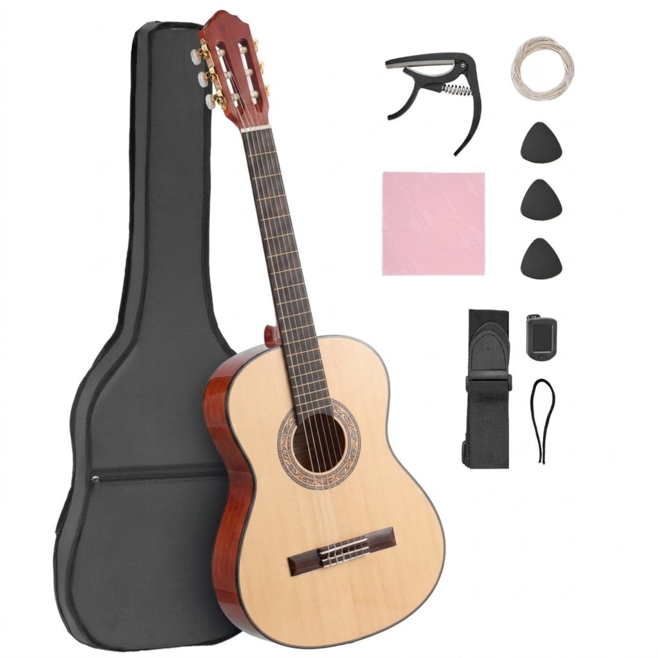 38-Inch Classical Guitar Beginner Starter Kit, Basswood Wood Guitar with Nylon Strings, Gig Bag & Tuner, Natural