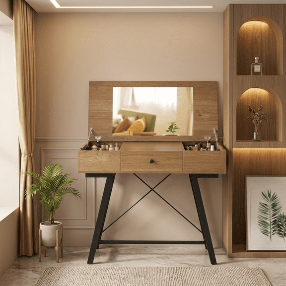 38 Inch Flip Top Vanity Desk with Charging Station, Makeup Dressing Table with Large Mirror & Drawers, Rustic Brown 2-in-1 Writing Computer Desk with Power Outlets USB Type-C for Small Spaces