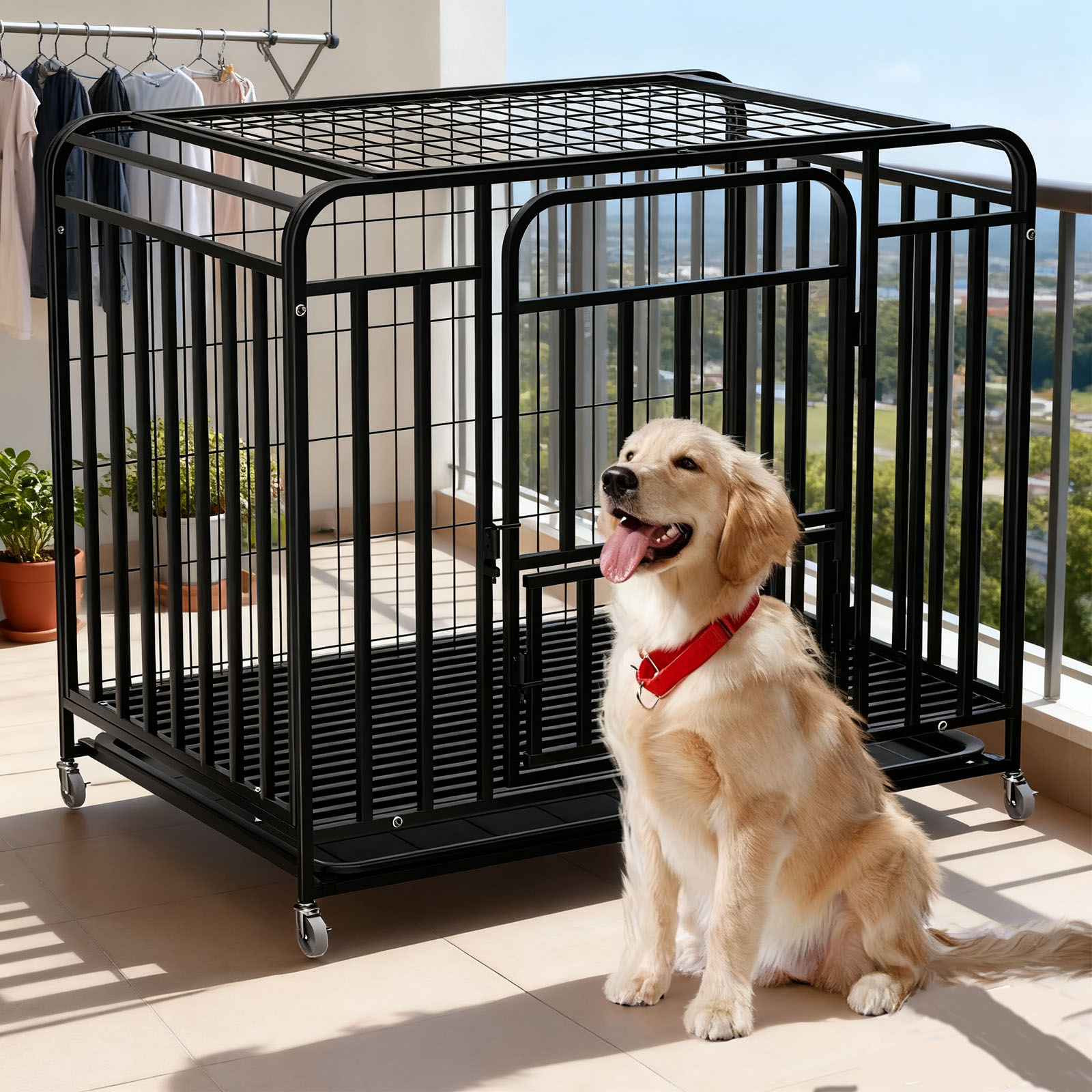 38 Inch Heavy Duty Dog Crate with Wheels, Folding Metal Big Dog Cage — free download