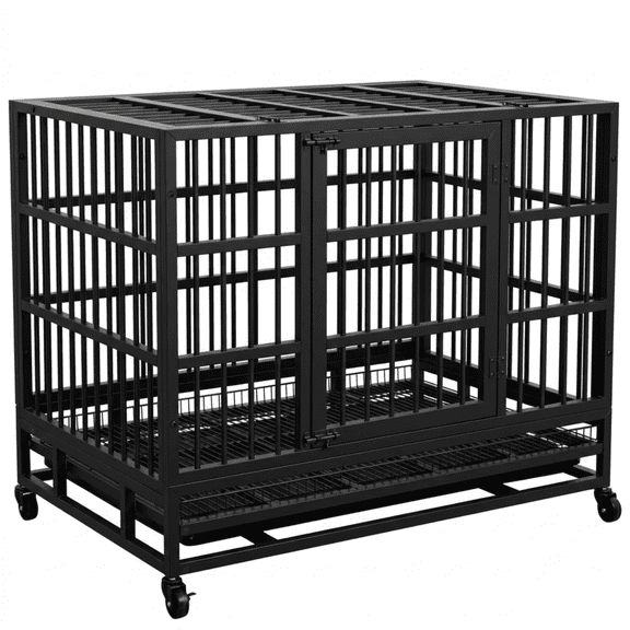 38 Inch Heavy Duty Indestructible Dog Crate Kennel, Escape Proof Metal Cage with Lockable Wheels, High Anxiety Relief Double Door Design for XL XXL Large Dogs, Indoor Use, Black