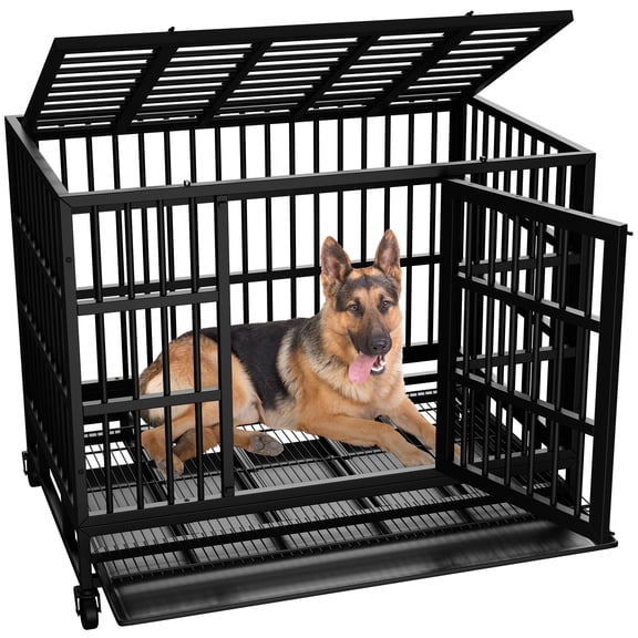 38 Inch Heavy Duty Indestructible Dog Crate Kennel, Escape Proof Metal Cage with Lockable Wheels, High Anxiety Relief Double Door Design for XL XXL Large Dogs, Indoor Use, Black