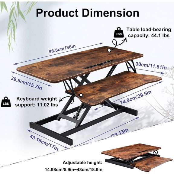 38-Inch Height Adjustable Standing Desk Converter, Dual Monitor & Laptop Riser with Wide Keyboard Tray, Sit to Stand Ergonomic Workstation for Home Office