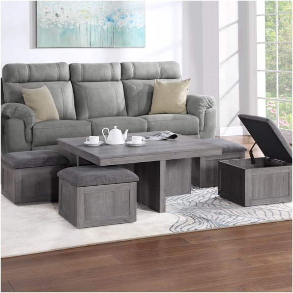 38 Inch Light Gray Coffee Table with Storage Stools, Distressed Farmhouse Sofa Table with Wheels and Paper Veneer Top