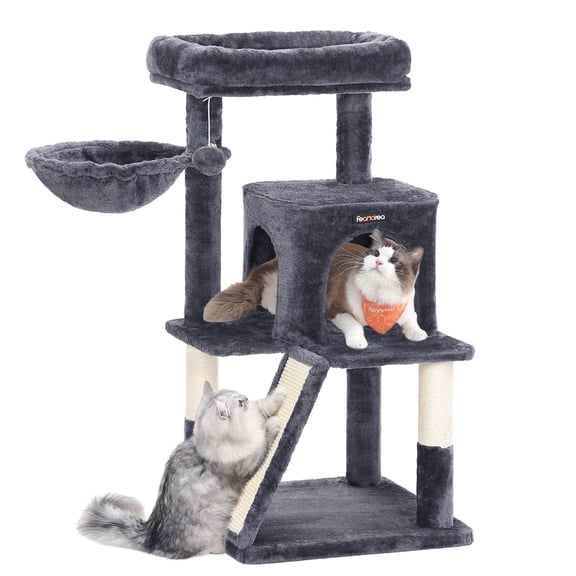 38-Inch Multi-Level Cat Tree and Cat Tower Condo with Widened Perch, Scratching Posts, Climbing Ramp, Two-Door Cave, and Hanging Hammock