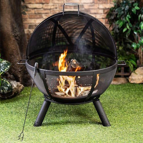 38 Inch Outdoor Sphere Globe Fire Pit - Durable Steel Woodburning Firepits for Outside - Portable for Backyard, Camping, BBQ - Patio Fire Pit with Safety Screen and Poke$$Garden & Patio