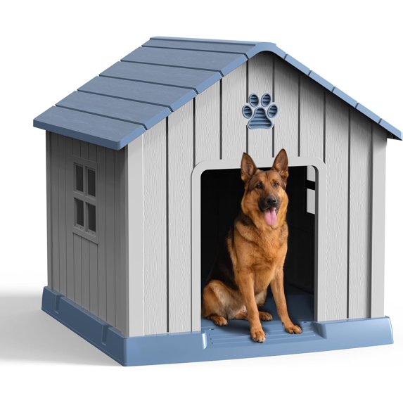 38-Inch Pointed Wood-Look Dog House, Sturdy Outdoor Shelter with Paw Print & Windows for Large Dogs