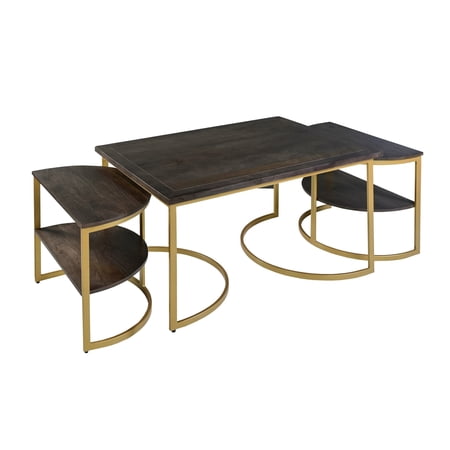 38 Inch Rectangle Nesting Coffee Table - 3 pcs set Dark Brown Wood Gold Finish Metal - Saltoro Sherpi