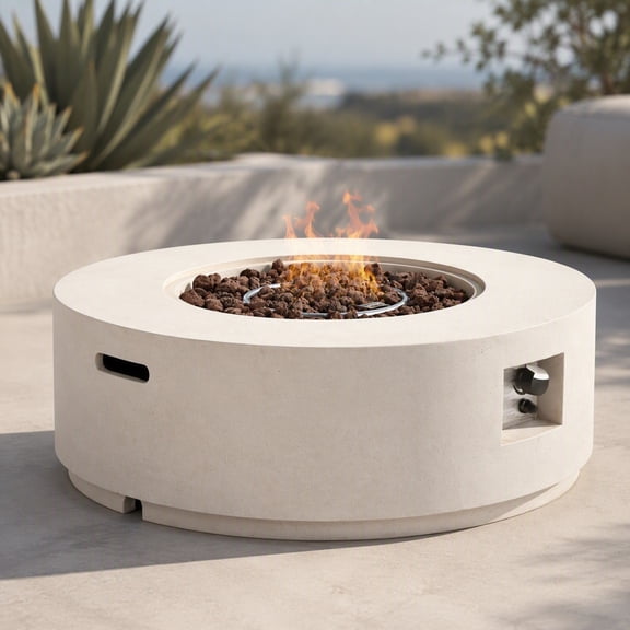 38 Inch Round MGO Propane Gas Fire Pit Table, 50000 BTU Faux Stone Finish Steel Burner Lava Rocks Waterproof Cover Patio Backyard Poolside