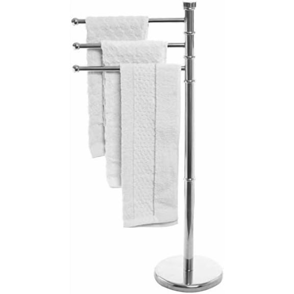 38 Inch Silver Metal Freestanding Towel Rack for Bathroom with 3 Swivel Arms and Sturdy Round Base