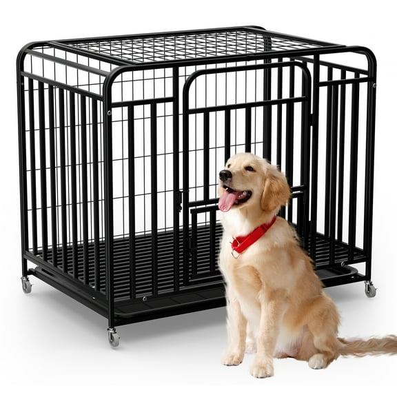 38" Heavy Duty Dog Crates, Dog Kennel, Escape-Proof Steel Cage with Wheels, Dog Crate Cage for Small Space & Patio