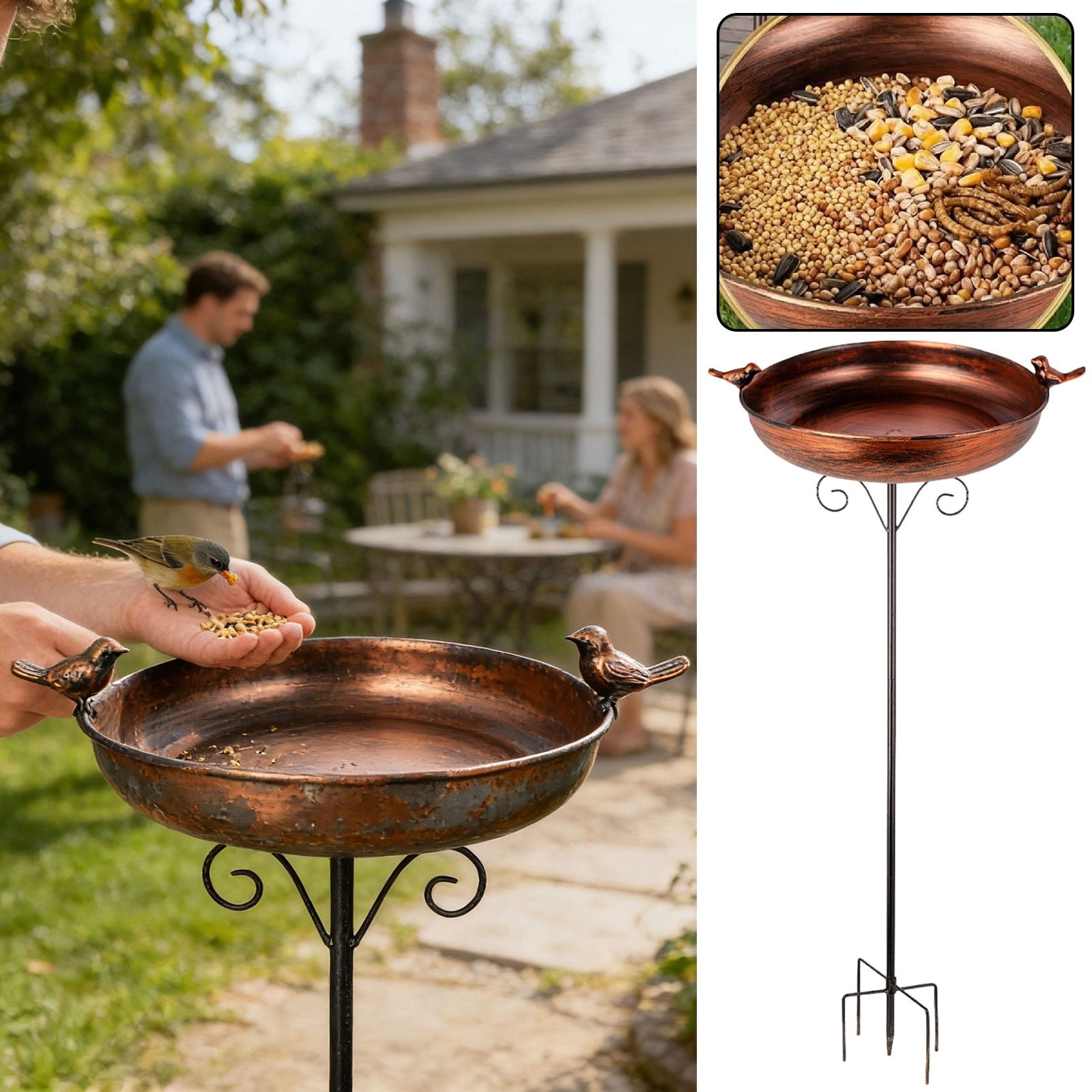 38 Inch Tall Bird Bath with Stake, Vintage Copper Metal Bird Bath for Outside Metal Freestanding Birdbath for Garden Yard Patio