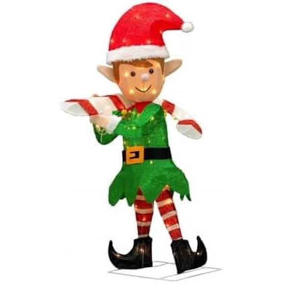 38 Inch Tall - Light-Up Holiday Christmas Santa Tinsel Elf with Candy Cane, Pre-Lit 70 Clear LEDs$$Garden & Patio