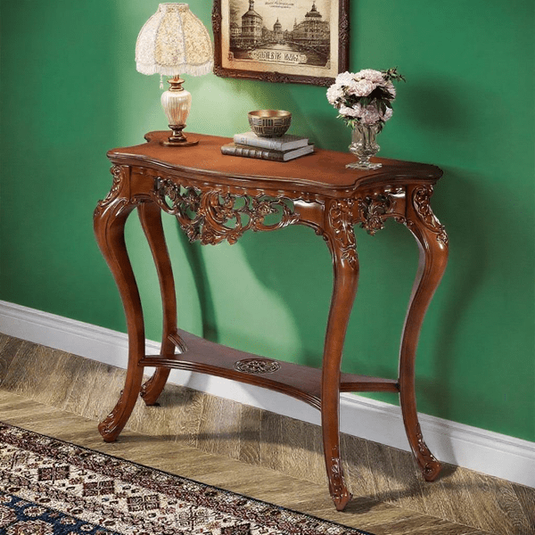 38-Inch Vintage Carved Console Table, 2-Tier Distressed Brown Entryway Table with Hollow Floral Motifs, Victorian Style for Living Room & Hallway