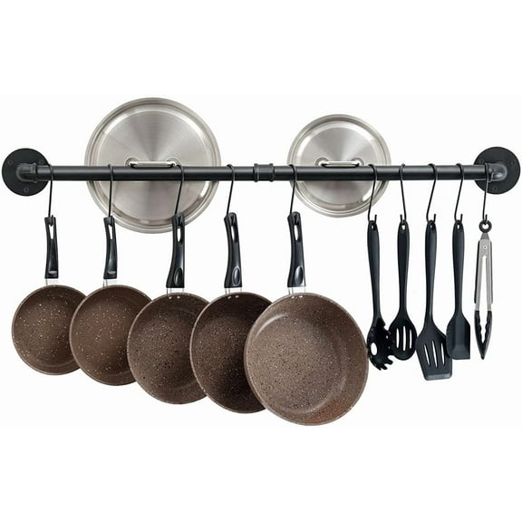 38 Inch Wall Mounted Pot Rack with 14 S Hooks, Detachable Kitchen Organizer for Cookware, Lids, Utensils Storage, Black Metal Pan Holder