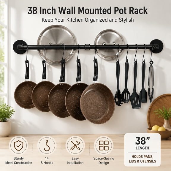 38 Inch Wall Mounted Pot Rack with 14 S Hooks, Detachable Kitchen Pan and Lid Organizer, Black Metal Hanging Rail for Utensils