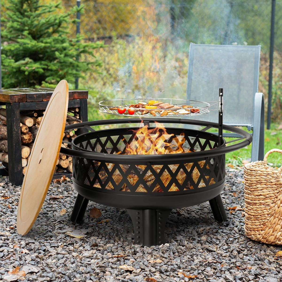 42 Inch Fire Pit With Grills, Extra Large Wood Burning Fire Pits
