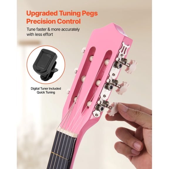 38 Inch Wood Classical Guitar Starter Kit for Beginners with Nylon Strings Gig Bag Strap Tuner Extra Strings Picks Capo Basswood Pink for Teenagers Adults Students
