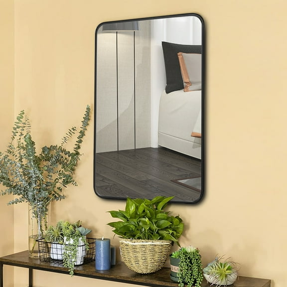 38 Inches Rectangular Metal Wall Mirror with Curved Corners, Black- Saltoro Sherpi