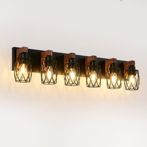 38" Industrial Vintage 6-Light Wall Sconce - Black Bathroom Vanity Light Fixture with Cage Shade & Wood Accents - E26 Lighting for Bathroom, Hallway, or Living Room (Bulb Not Included)