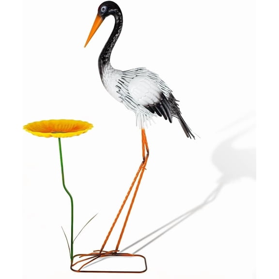 38" Metal Crane Garden Statue with Bird Bath, Large Outdoor Heron Sculpture,Rust-Proof Garden Sculptures & Statues,Yard Art for Patio & Backyard