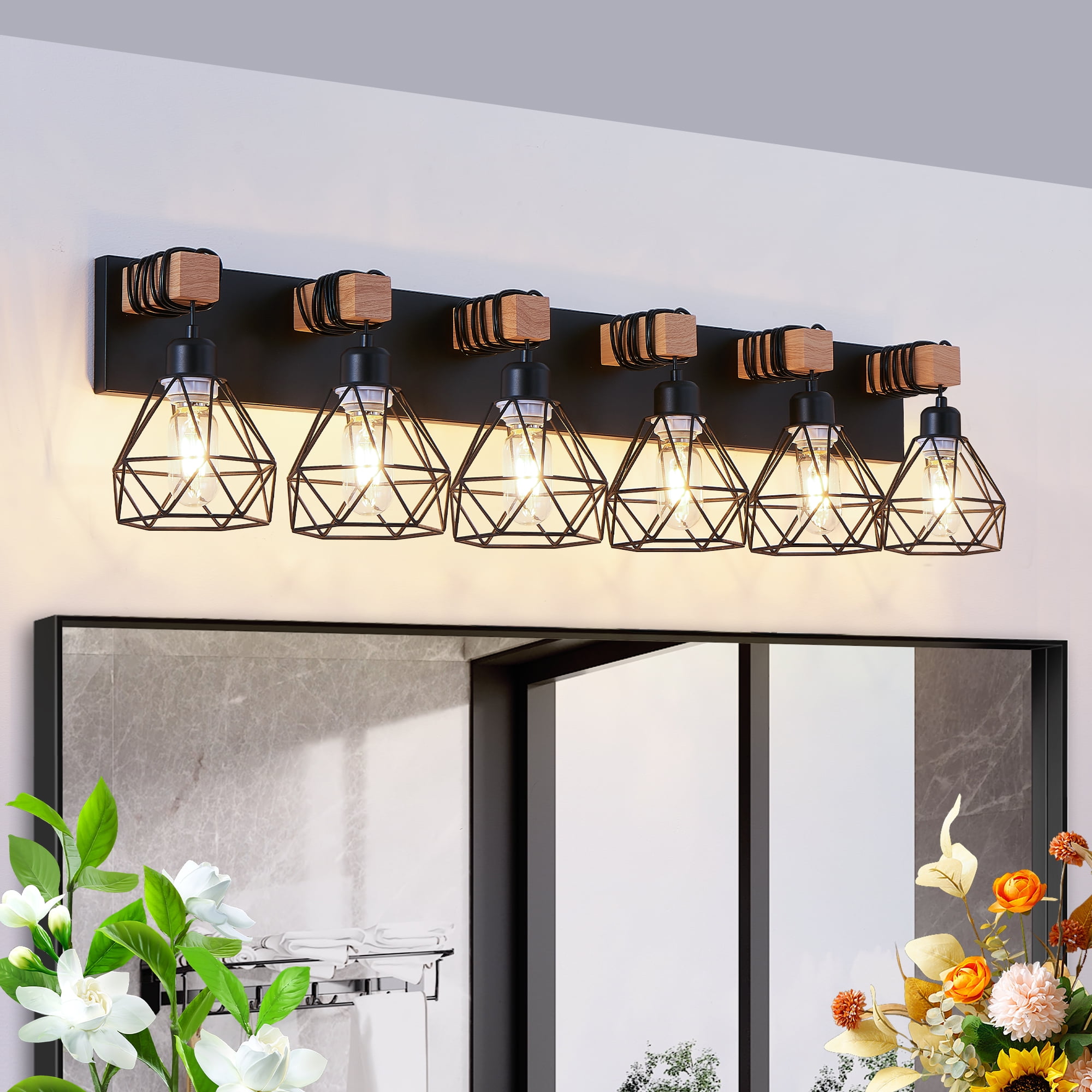 38" Modern Geometric 6-Light Vanity Light Fixture with Black Metal, Wooden Accents and Cage Lampshade for Bathroom, Bedroom, or Living Room