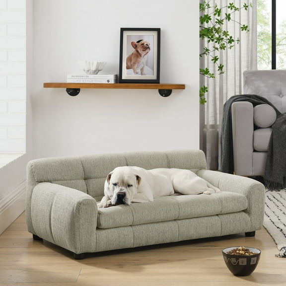 38" Modern Pet Sofa - Beige Linen Dog Bed with Backrest & Armrests for Small/Medium Dogs