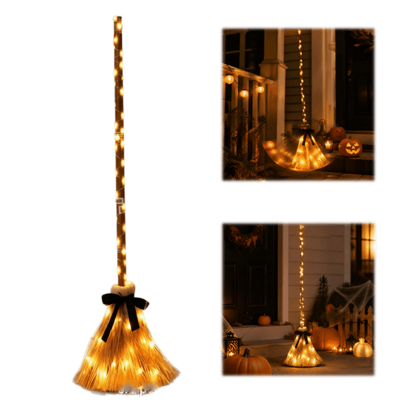 38" Moving Witch Broom, Halloween Animated Floating Lighted Witch Broom, Halloween Decorations Indoor, with Sound/Mute Mode for Home Party Decorations (B)