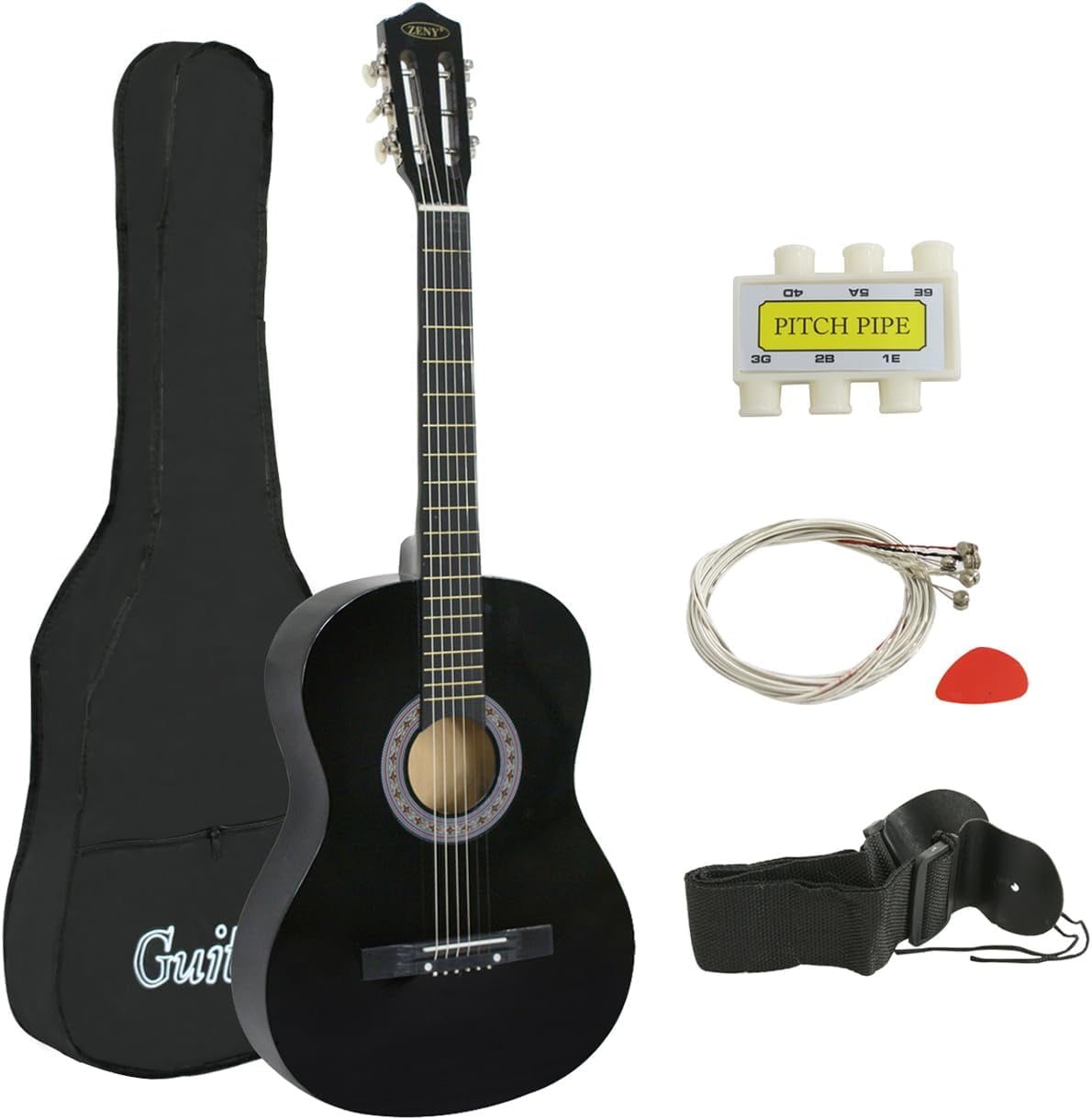 38" New Beginners Acoustic Guitar With Guitar Case, Strap, Tuner and Pick (Black)