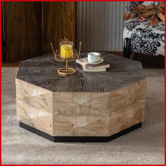 38" Octagon Retro Wood Coffee Table for Living Room, Easy-Clean with Embossed Pattern, Space-Saving