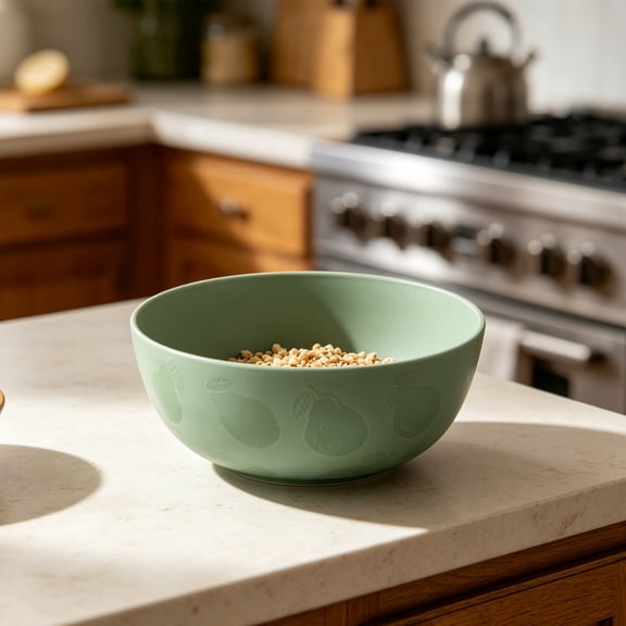 38 Ounce Round Polypropylene Bowls with Embossed Floral Patterns, Top Rack Dishwasher Safe Plastic Vessels for Salad, Soup, Snacks and Daily Family Meal Serving, Green