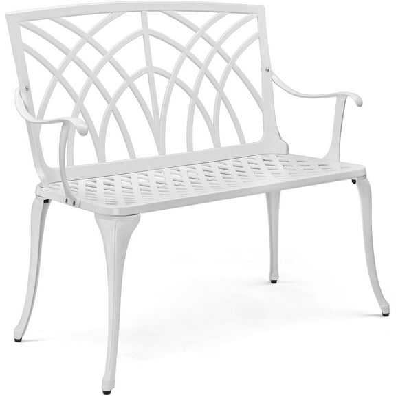38" Outdoor Bench Cast Aluminium Garden Bench, Orchid Porch Benches Patio Benches Deck Furniture for 1-2 Person Seat(White)