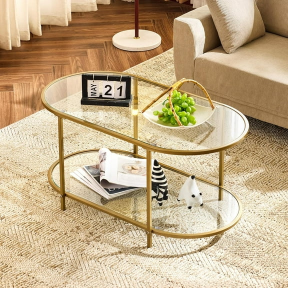 38" Oval Coffee Table, Transparent Glass Coffee Tables for Living, Modern Coffe Table with 2-Tier Storage, Tea Table for Small Space, Office, Balcony, Matte Gold