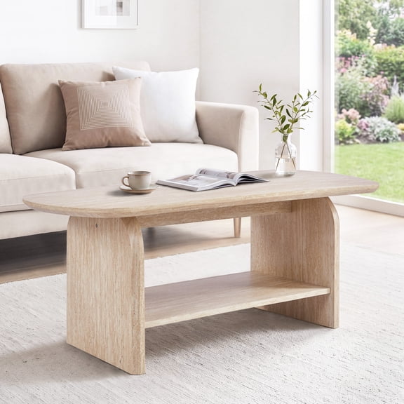 Rayshen 38" Oval Coffee Table with Premium Travertine Veneer, Mid-Century Modern 2-Tier Center Table with Rounded Corners & Open Storage for Living Room