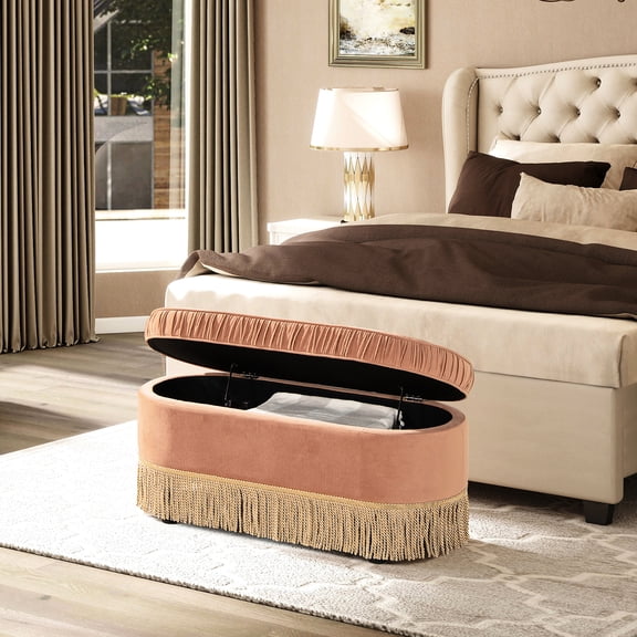38" Oval Storage Bench In Peach Orange Velvet - Bullion Tassel Fringe Decoration Adds Character Detail Enhances Aesthetic Value