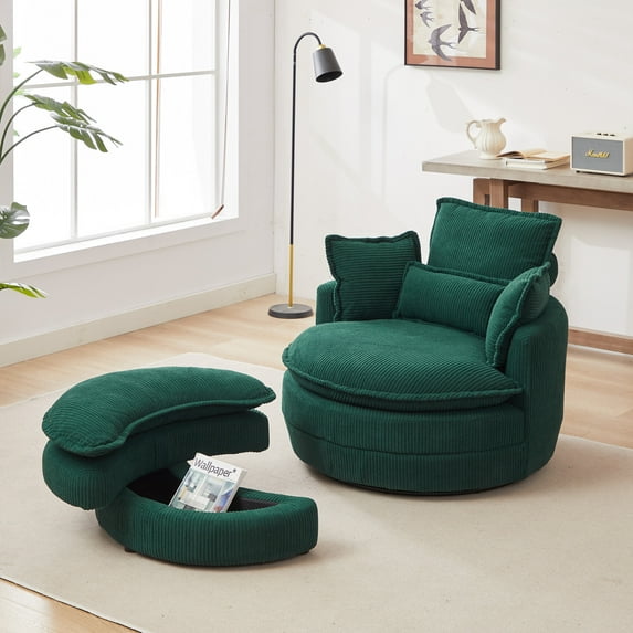 38" Oversized Swivel Chair Set, Corduroy Upholstered Accent Round Loveseat with Moon Storage Ottoman, Padded Seat and 4 Pillows, Swivel Barrel Cuddle Sofa for Living Room, Bedroom, Green