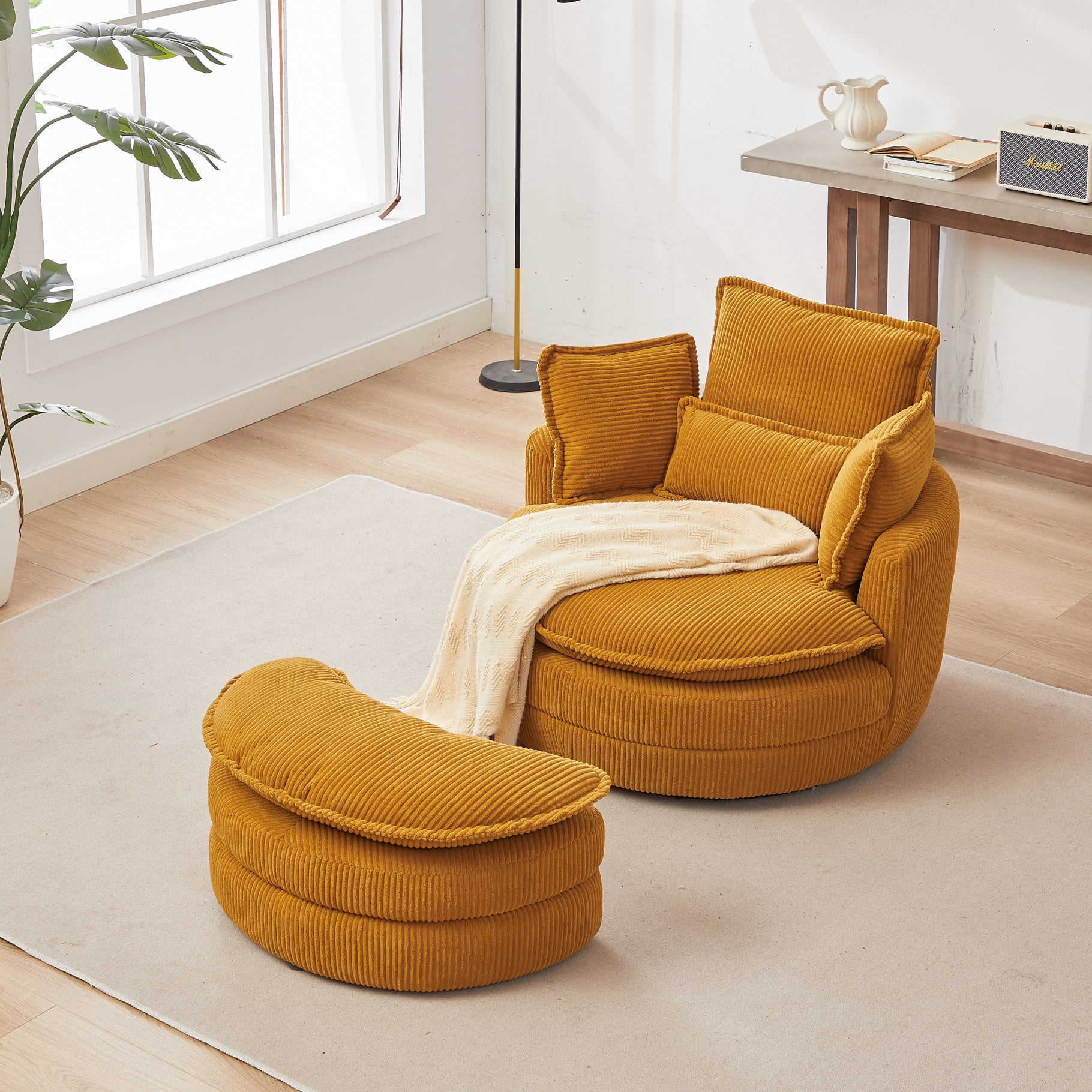 38" Oversized Swivel Chair Set, Corduroy Upholstered Accent Round ...