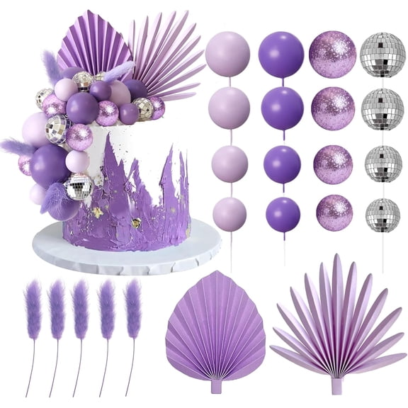 38 PCS Balls Cake Toppers Palm Leaves Cake Decorations for Birthday Wedding Baby Shower Party Supplies (Purple)