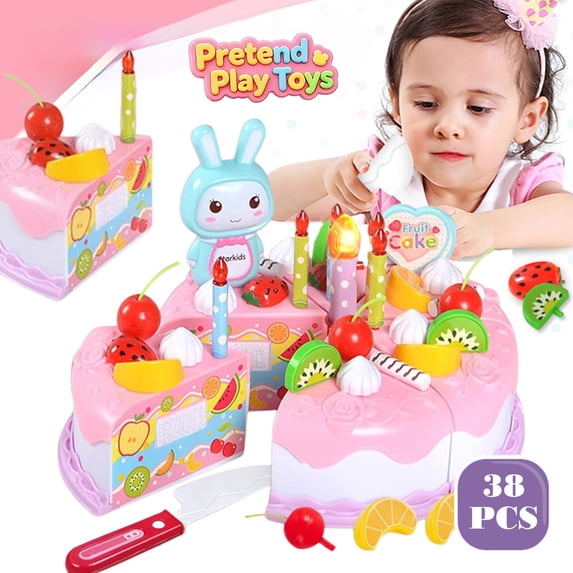 38 PCS Pretend Birthday Cake Cutting Play Toys, Kids Toddler DIY Fruit Cake Playset with Light Up Candles Rabbit Decor, Learning Toys, Imaginative Birthday Party Role Play Kit for Boys Girls Ages 3+