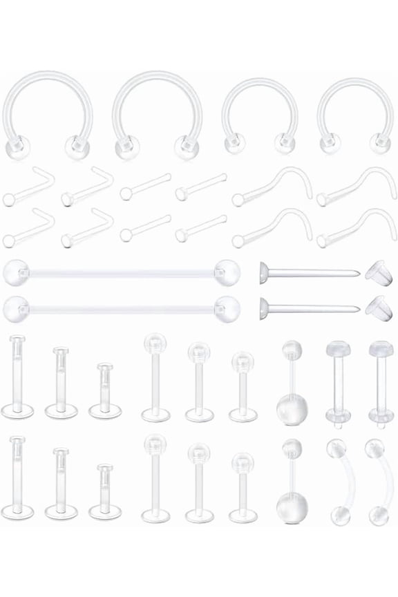 38 Pack Clear Piercing Retainers, Plastic Body Jewelry Set for Nose, Septum, Eyebrow, Lip, Cartilage, Tragus, Belly and Ear Piercings, Multiple Sizes for Men and Women