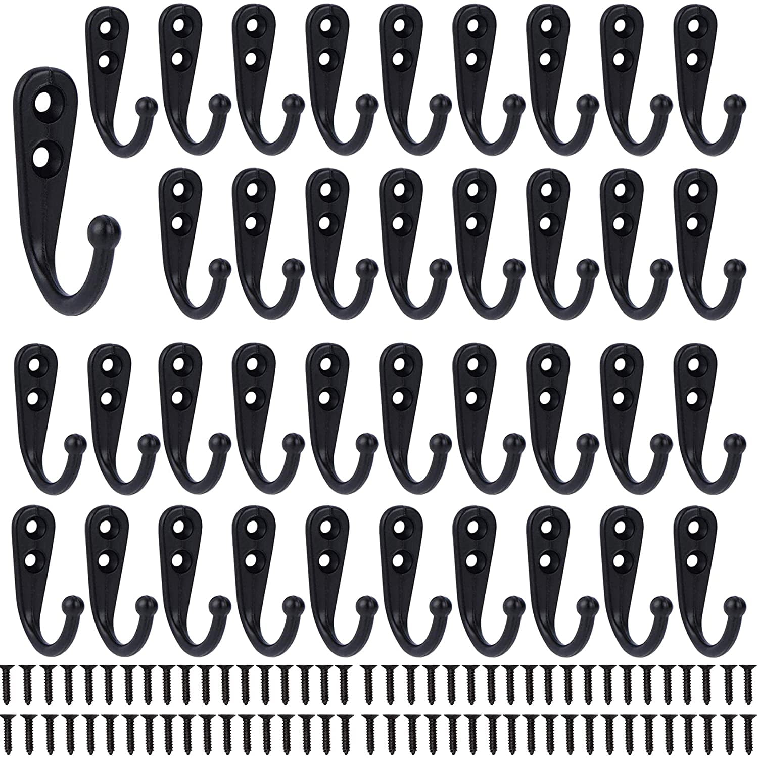 Black Rustic Wall Mounted Metal Coat Hooks with Screws, 38 Pack