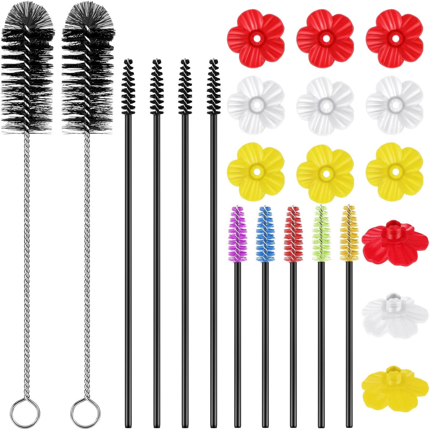 38 Pcs 3 Size Hummingbird Feeder Cleaning Brush Mini Nylon Tube Brush with 16 Flowers Bird Replacement Parts Double Headed Brushes for Bottle Feeding Holes Replacement (Black)