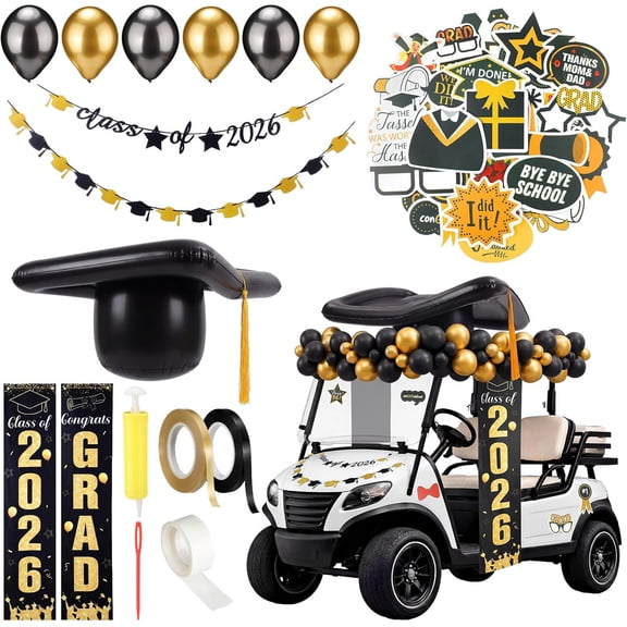 38 Pcs Graduation Parade Golf Cart Decor Kit Class of 2026 Congrats Grad Decor Accessories with Inflatable Graduation Hat Banners Black Gold Balloon Stickers Ribbon for Grad Party Supplies