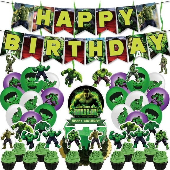 38 Pcs For Hulk Theme Birthday Party Decorations,With 1 Happy Birthday Banner Garland,13 Cupcake Toppers,18 Balloons,6 Hanging Swirls,All-in-One Party Supply Set