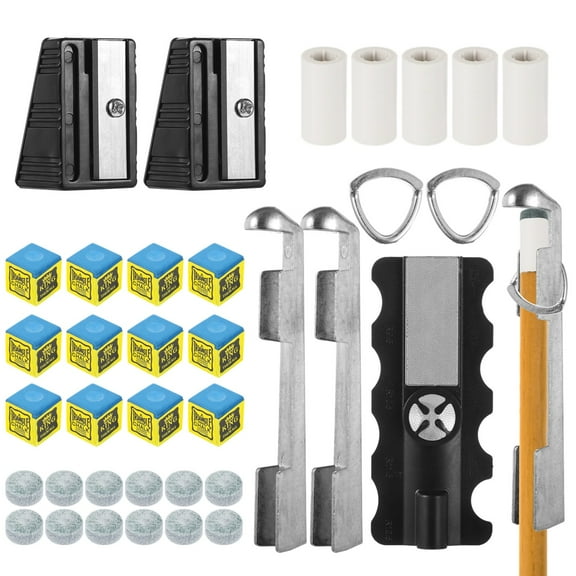 38 Pcs Pool Cue Repair Kit, Billiards Accessories Set with 1 Cue Tip Repair Tool, 2 Tip Clamps, 12 Cue Tips, 12 Chalk Tubes, 5 Ferrules, 2 Tip Trimmers, 1 Art Cutter, 2 Glues, 1 Sanding Paper