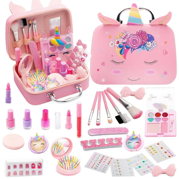 GLUAAE 26PCS Kids Makeup Kit for Girls - Washable Pretend Play Cosmetic Set with Carrying Case, Princess Dress Up Toys for Ages 3-12 (Pink, Perfect Birthday Gift)