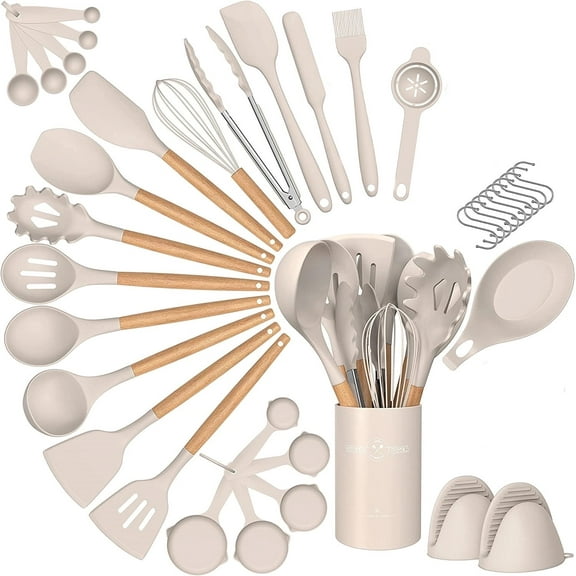 38 Pcs Silicone Cooking Utensils Kitchen Utensil Set - 446°F Heat Resistant,Turner Tongs,Spatula,Spoon,Brush,Whisk. Wooden Handles Khaki Kitchen Gadgets Tools Set for Non-Stick Cookware (BPA Free)