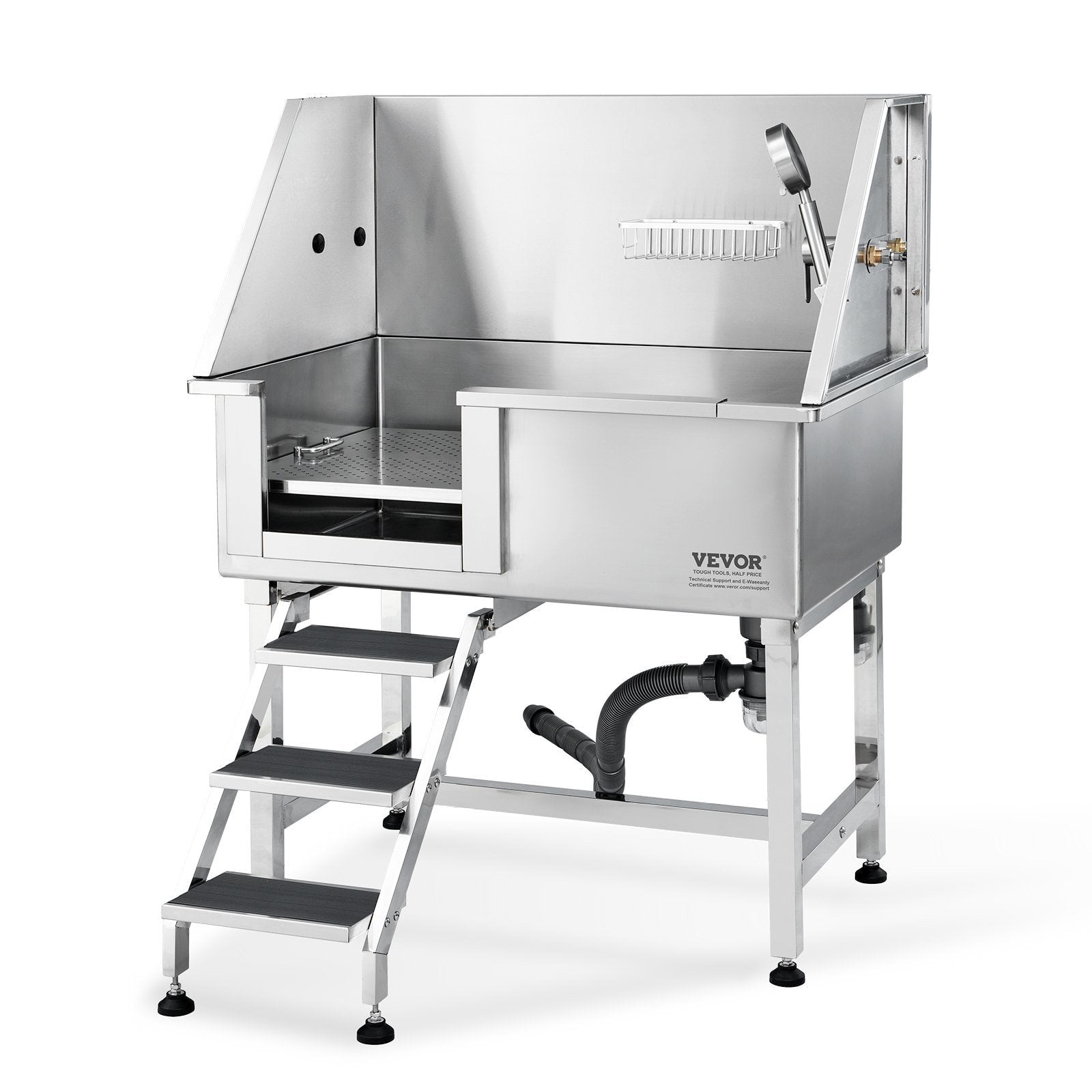 38-Inch Stainless Steel Pet Grooming Tub with Ramp and Storage